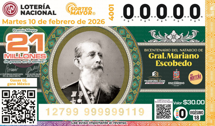 Conmemoración Mariano Escobedo: Lotería Nacional celebra bicentenario del general