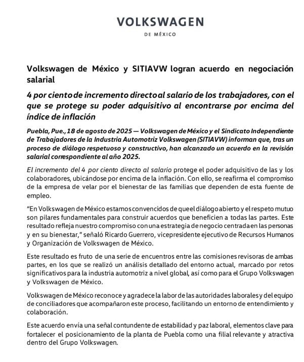 Volkswagen y SITIAVW acuerdan ajuste salarial del 4% y bono para técnicos en Puebla