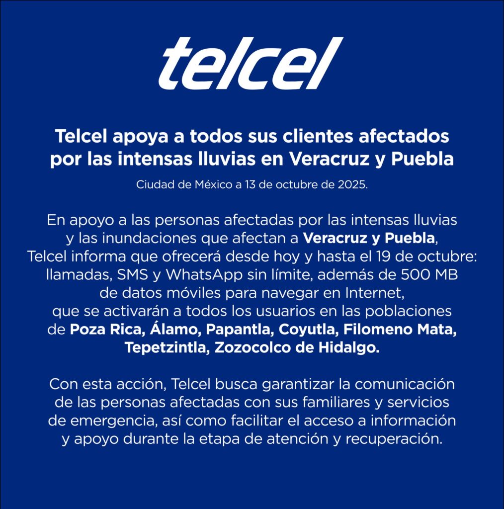 Telcel: habilitó desde el 14 de octubre tarifas gratuitas durante siete días en Veracruz y el norte de Puebla, permitiendo que los usuarios mantengan contacto constante sin costo adicional.