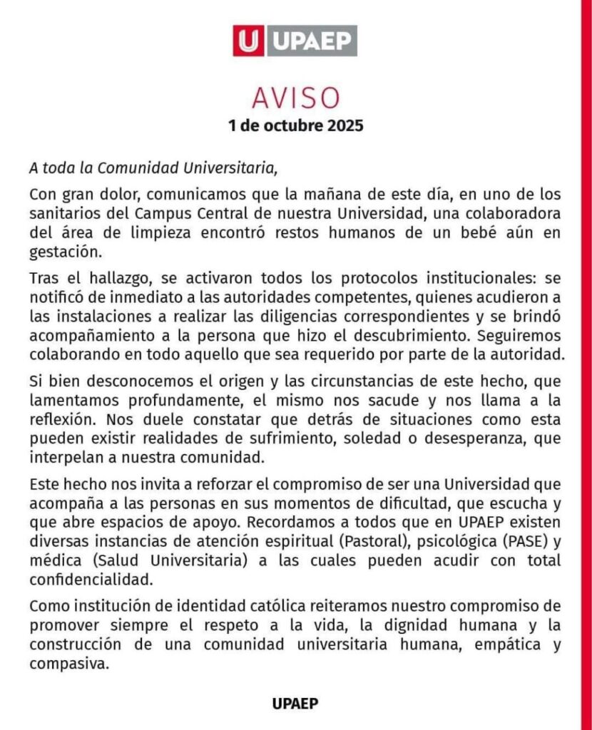 Restos de un bebé en gestación son encontrados en la UPAEP